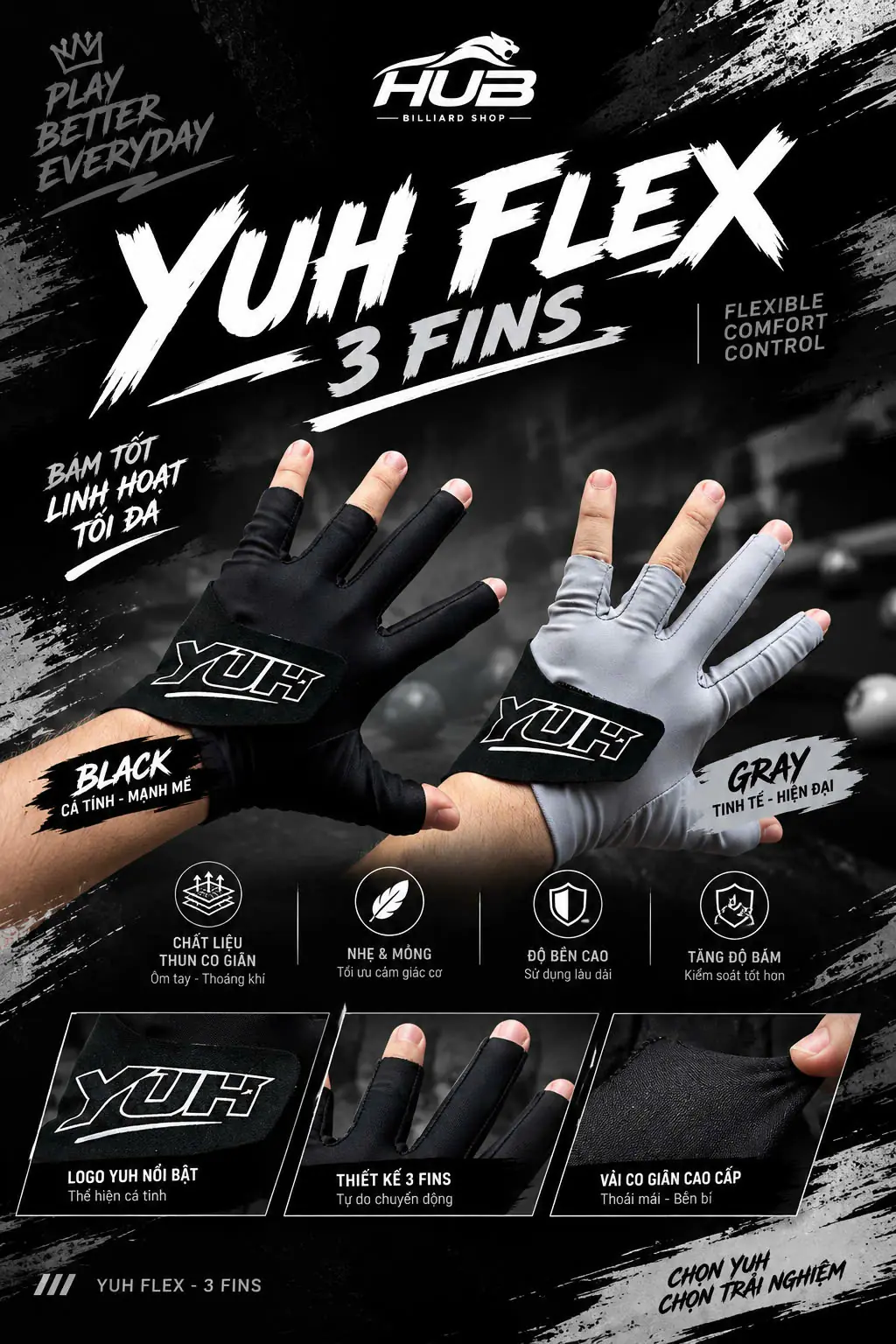 Găng Yuh Flex - 3 Fins, găng tay bida, thiết kế hiện đại, form ôm tay, thoáng khí, bền Phù hợp cho mọi cơ thủ - Sport